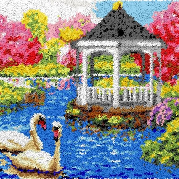 Rug Making Latch Hooking KitSwans and Gazebo (52x38cm printed canvas)